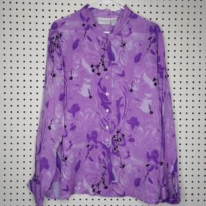 Worthington 90's Silk Top 2X‎ Button Long Sleeve Floral Chiffon Mandarin Collar